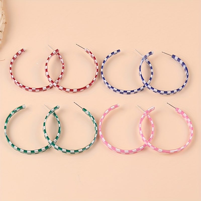 Women's Large Acrylic Checkerboard C-Shaped Hoop Earrings